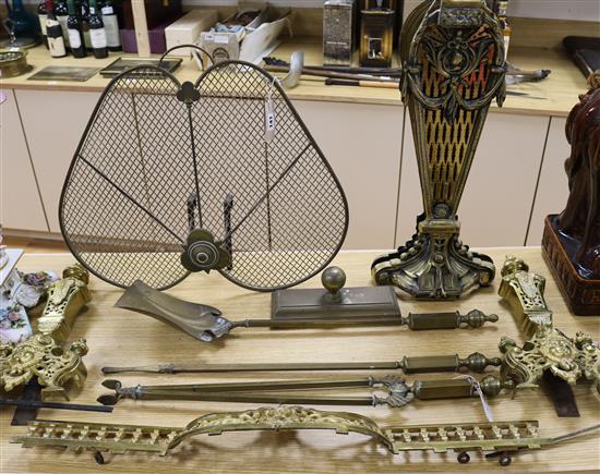 A brass and ormolu fan fire screen and other items of chimney furniture